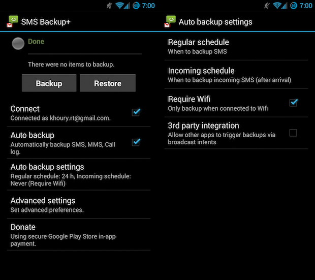 SMS Backup+ Settings