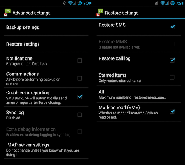 SMS Backup+ Settings